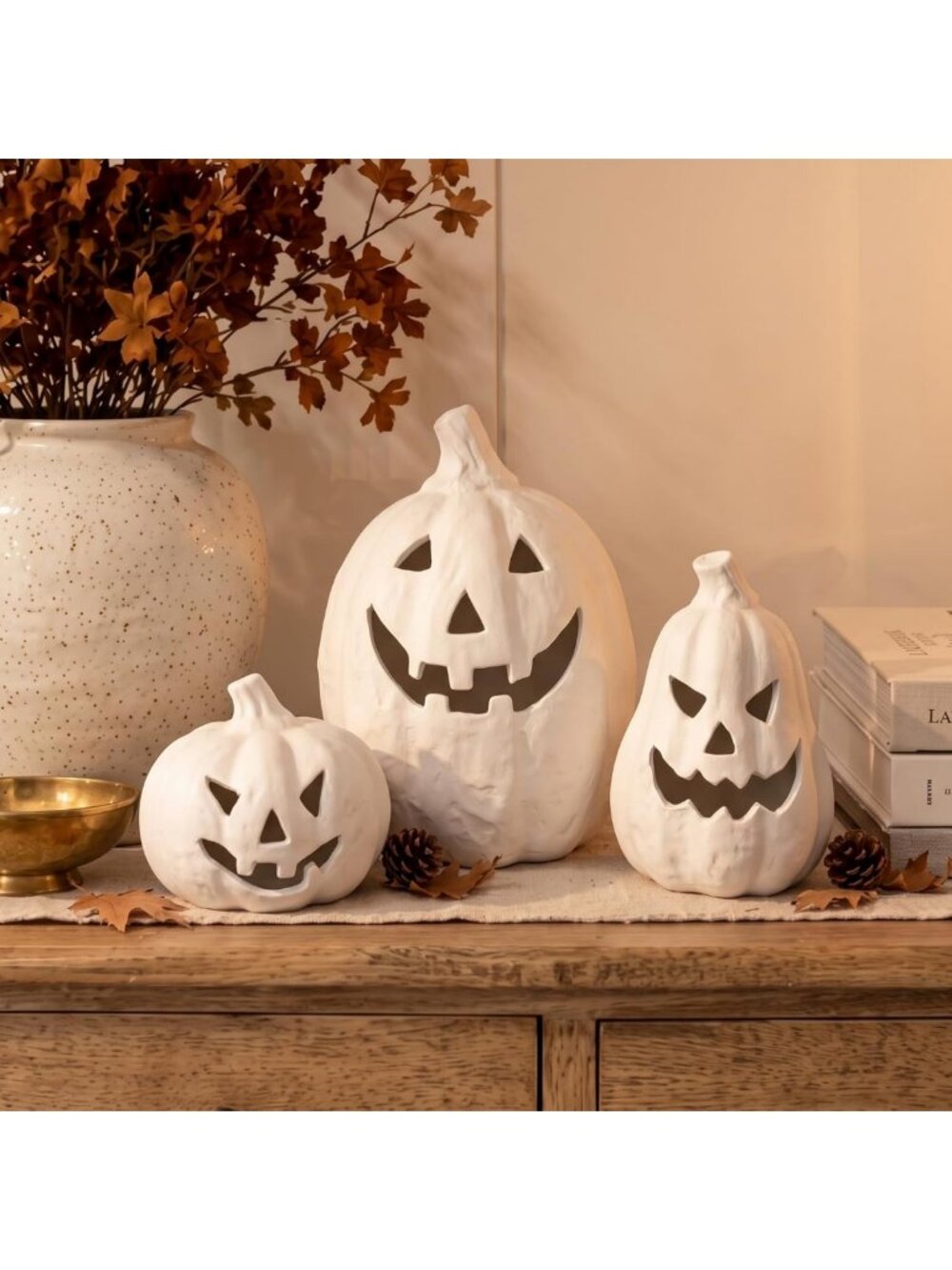 Set of 3 Fall Terracotta Pumpkins for Outdoor Decor - White, 3 Sizes